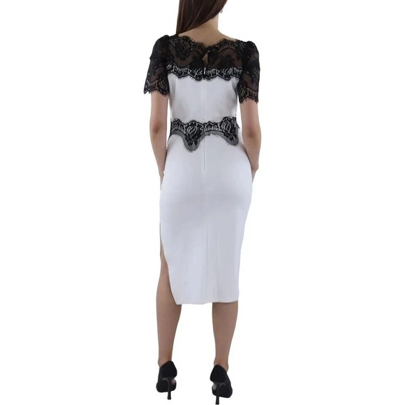 Beulah White Midi Dress with Black Lace Overlay Short Sleeve‎ Size Medium - Picture 3 of 5